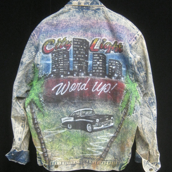 Vintage 80s AIRBRUSH Acid Wash Denim Jean Jacket - Picture 1 of 7